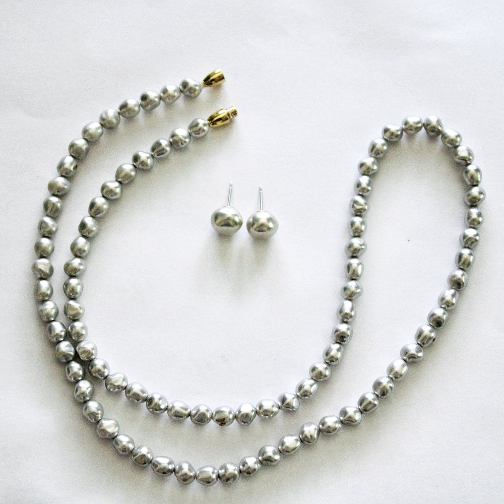 Simulated Baroque Silvery Pearl Necklace and Stud Earrings